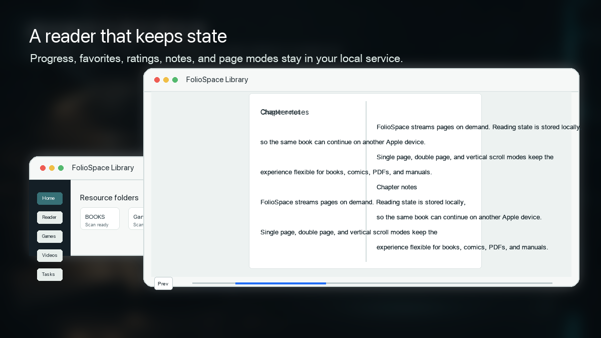 FolioSpace reader showing a two-page reading mode and library shelf.