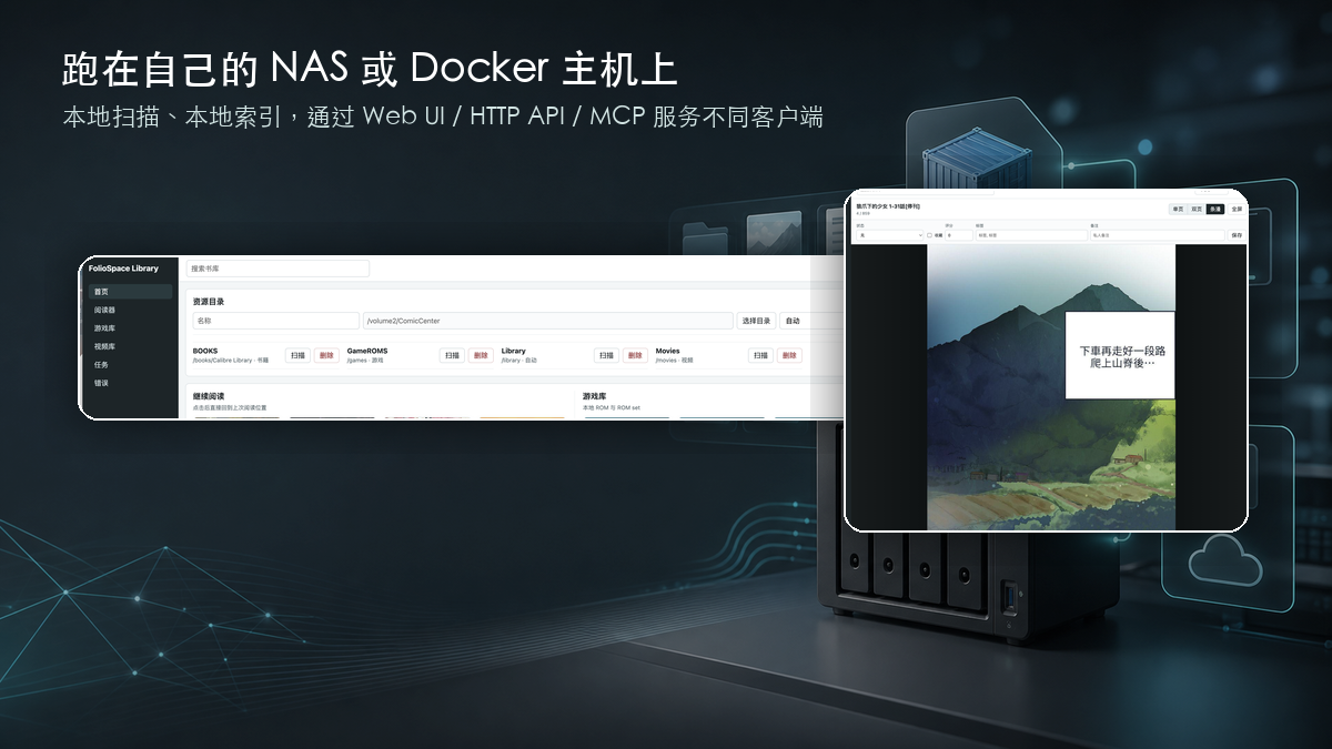 FolioSpace running on a NAS and serving Web UI, HTTP API, and MCP clients.